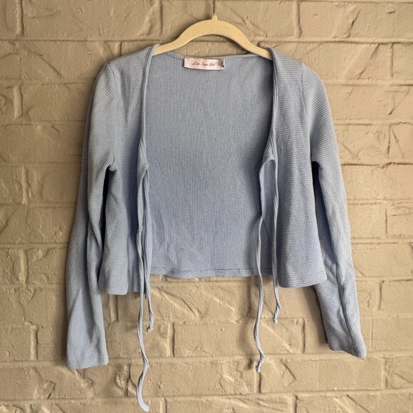 Lisa Says Gah Light Blue Ribbed Tie-Front Cropped Cardigan - Size XS - Picture 2 of 4